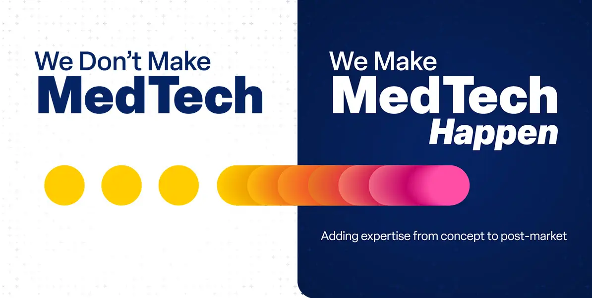 A split-screen graphic. Left panel: Large navy text reads We Don't Make MedTech (with MedTech in bold), and three solid yellow circles sit in a horizontal row beneath it. Right panel: Deep navy background with a subtle plus-sign pattern. Bold white text says We Make MedTech Happen (with Happen in italics). Below is the tagline RQM+ is The MedTech CRO - a full-service partner adding expertise from concept to post-market. To the left of the text sits a long pill-shaped gradient composed of overlapping rounded segments, fading from yellow through orange to pink.