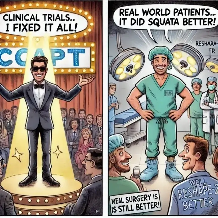A satirical cartoon is divided into two panels.
In the left panel, a man in a tuxedo and sunglasses stands on a stage under bright lights with a sign behind him that reads "COAPT." He confidently declares, "Clinical trials... I fixed it all!" The audience applauds and smiles, emphasizing a triumphant, almost theatrical moment.
In the right panel, a muscular and smiling surgeon in green scrubs, with pant legs rolled up like workout gear, stands in an operating room under surgical lights labeled "RESHAPE-FR." He confidently says, "Real world patients... it did squata better!" (a humorous reference to squats and effectiveness). Other medical professionals around him discuss, with one saying, "Meal surgery is still better!" and another responding, "Well, RESHAPE-2 is better!"
The cartoon humorously critiques the gap between clinical trial results and real-world patient outcomes, using exaggerated caricatures and fitness metaphors to highlight differences in perception and effectiveness of treatments.