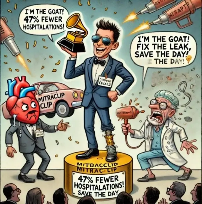 A satirical cartoon features a man in a tuxedo and sunglasses standing on a golden podium labeled "MitraClip" with "47% fewer hospitalizations! Save the day" inscribed on it. He holds a Grammy-like trophy and boasts, "I'm the GOAT! 47% fewer hospitalizations!" His leg is a mechanical prosthetic labeled "Clipped Civias." To his left, a humanized heart wearing a suit labeled "Chronic Disease" appears surprised, with a car labeled "MitraClip Clip" in the background. To the right, a frustrated doctor in a white coat and surgical cap, wielding a large mallet labeled "Surgery," shouts, "I'm the GOAT! Fix the leak, save the day!" Rockets labeled "NITRAPT" and "APT" fly overhead, while a crowd watches the scene unfold. The cartoon uses exaggerated caricatures and humor to critique medical treatment approaches.
