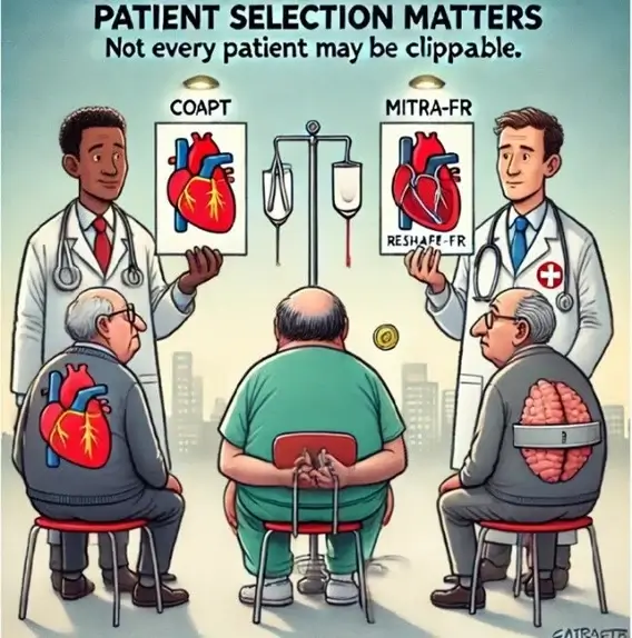 A satirical medical cartoon illustrates the importance of patient selection for heart procedures. At the top, bold text reads: "PATIENT SELECTION MATTERS – Not every patient may be clippable."
In the center, a patient in a hospital gown sits with hands tied behind his back, as if awaiting a decision. Two doctors stand in front of him, each presenting a different heart treatment approach.
On the left, a doctor labeled "COAPT" holds an image of a heart with clear arteries and suitable anatomy for a MitraClip procedure. The elderly patient in front of him has a matching heart illustration on his back.
On the right, another doctor labeled "MITRA-FR" holds an image of a heart labeled "RESHAPE-FR," indicating a different patient group. The elderly patient in front of him has an image of lungs on his back, suggesting underlying health conditions that might make him unsuitable for the MitraClip procedure.
An IV stand with balanced scales hangs between the doctors, symbolizing the careful decision-making required in selecting the right patients for treatment.
The cartoon humorously critiques the challenges in applying clinical trial results to real-world patients, emphasizing that not all patients are ideal candidates for the same interventions.
