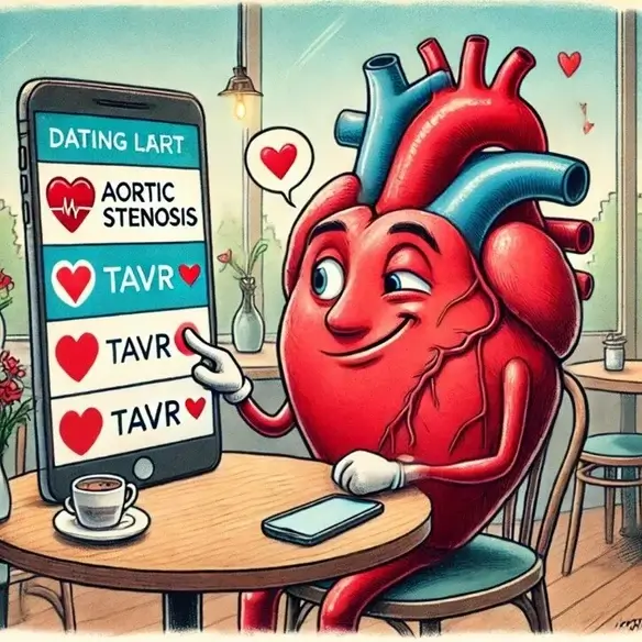 A humorous and anthropomorphized cartoon of a human heart is depicted sitting at a cozy café table, engaging with an online dating app on a large smartphone. The heart, wearing a flirtatious expression, is winking while selecting a match. The dating app interface, titled "DATING LART", displays options related to heart health conditions and treatments.
The top choice reads "Aortic Stenosis" with a heart symbol.
Below, three identical options labeled "TAVR ❤️" appear, suggesting a strong preference for Transcatheter Aortic Valve Replacement (TAVR) as the "match."
The heart's finger is about to tap one of the TAVR choices, clearly favoring this option. The setting includes a cup of coffee on the table, a smartphone resting beside the heart, and a softly lit café ambiance with heart decorations floating around, reinforcing the romantic and playful theme.
The cartoon humorously represents how TAVR is often the preferred treatment for aortic stenosis, likening the medical decision process to online dating.