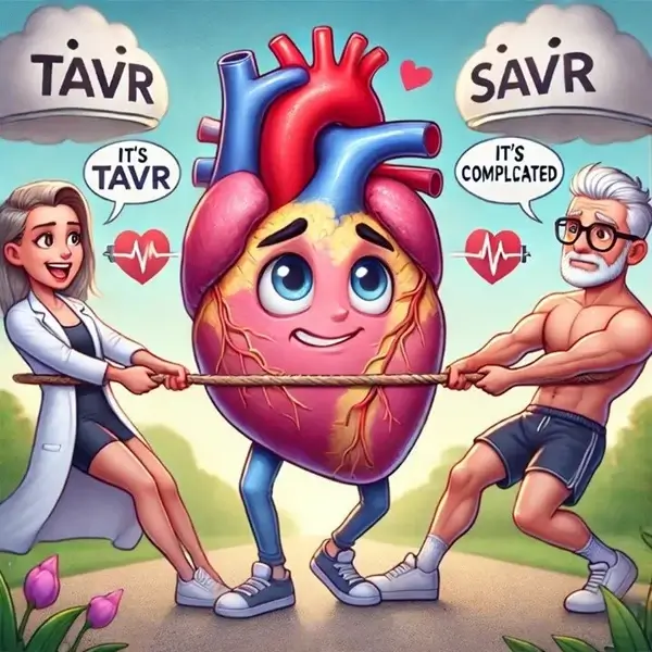 A playful and anthropomorphized cartoon of a human heart is depicted standing in the middle of a tug-of-war. The heart has a nervous but cute expression, wearing sneakers, as it is being pulled in opposite directions by two characters representing different medical procedures.
On the left, a cheerful and youthful female doctor in a white coat is pulling the rope, advocating for TAVR (Transcatheter Aortic Valve Replacement). A speech bubble above her reads, "It's TAVR." The sky above her side has a fluffy cloud labeled "TAVR" with a heart and heartbeat symbol.
On the right, a muscular older man with white hair, a beard, sunglasses, and gym shorts is pulling the rope in favor of SAVR (Surgical Aortic Valve Replacement). His speech bubble reads, "It's complicated." The sky above him contains a cloud labeled "SAVR" with a similar heart and heartbeat symbol.
The background is a bright outdoor setting with a green landscape and blue sky, adding to the lighthearted and fun tone of the illustration.
This cartoon humorously represents the medical debate between TAVR and SAVR, with the heart caught in the middle as doctors and surgeons weigh the best treatment option for aortic stenosis patients.