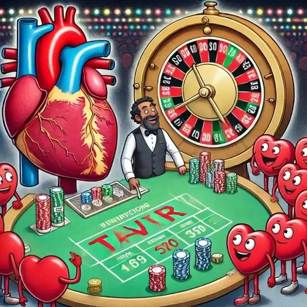 A vibrant and humorous casino-themed cartoon features a roulette table where anthropomorphized hearts are gambling on TAVR (Transcatheter Aortic Valve Replacement).
At the center, a large heart looms over the scene, representing the central theme of heart procedures.
A smiling dealer in a tuxedo stands behind the table, facilitating the game.
The roulette wheel in the background adds to the gambling motif.
The green betting table prominently displays the word "TAVR", along with numbers and percentages, symbolizing probabilities and medical statistics related to the procedure.
Small animated hearts with happy expressions eagerly place bets using colorful casino chips.
The illustration humorously likens TAVR decision-making and outcomes to a game of chance, highlighting the risk, probability, and excitement involved in medical interventions for aortic stenosis. The playful imagery makes a complex medical topic engaging and visually entertaining.