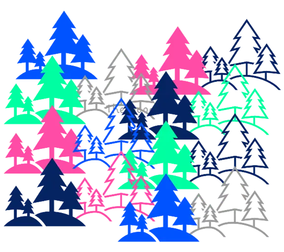 Illustration of a dense forest composed of stylized trees in various colors, including blue, green, pink, dark blue, and gray. Among the trees, several small houses are interspersed, blending into the colorful landscape.